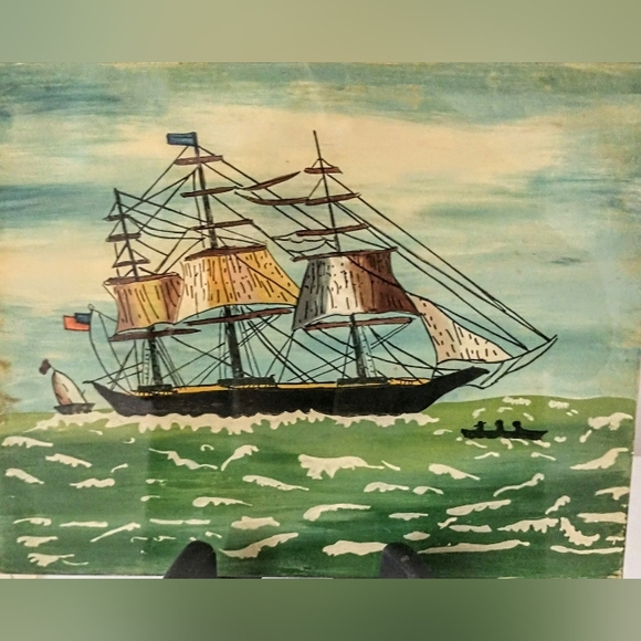 RARE FIND!! Antique Reverse Painting on Glass - 3 Glass Stenciled - Picture 3 of 13